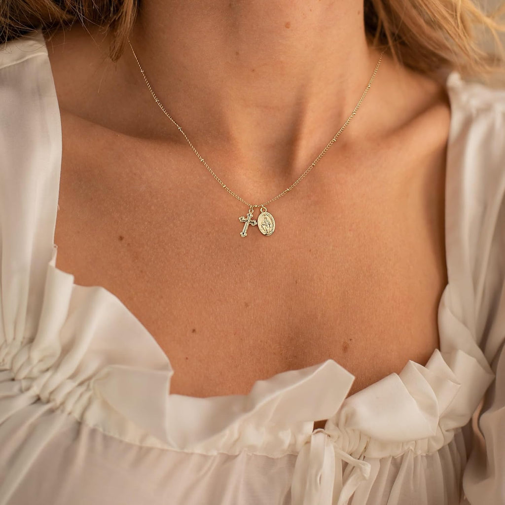 Rotnso Cross Necklace for Women 14K Gold Silver Plated Dainty Small Cross Pendant Choker Simple Trendy Cute Cross Charm Chain Necklace Easter Basket Stuffers Baptism Religious Faith Jewelry Gift