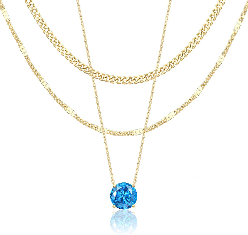 WomenGifts Layered Gold Necklaces for Women, 14K Gold Sterling Silver Plated Dainty Pendant Necklace Set Non Tarnish, Chunky Stackable Cuban Chain Choker, Trendy Birthstone Vacation Jewelry Gift