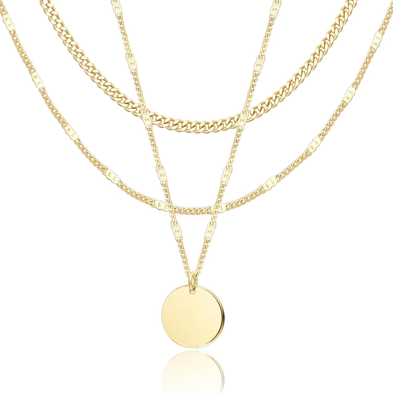 WomenGifts Layered Gold Necklaces for Women, 14K Gold Sterling Silver Plated Dainty Pendant Necklace Set Non Tarnish, Chunky Stackable Cuban Chain Choker, Trendy Birthstone Vacation Jewelry Gift