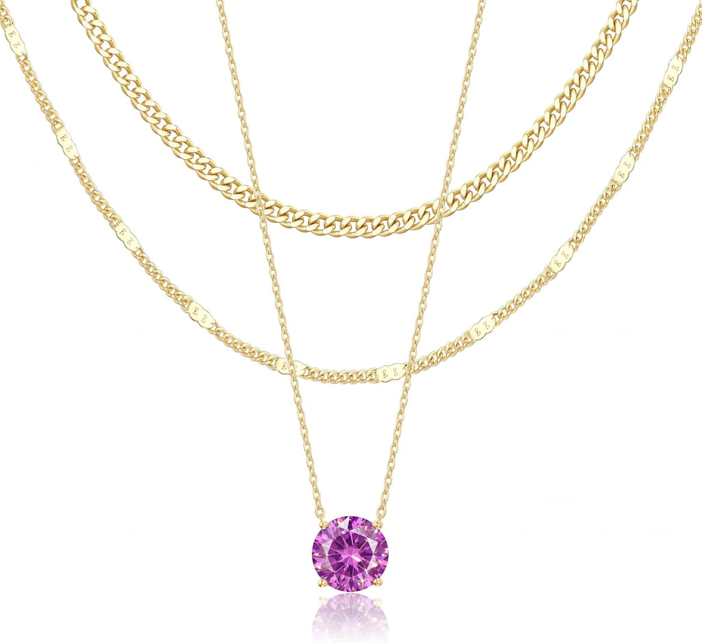 WomenGifts Layered Gold Necklaces for Women, 14K Gold Sterling Silver Plated Dainty Pendant Necklace Set Non Tarnish, Chunky Stackable Cuban Chain Choker, Trendy Birthstone Vacation Jewelry Gift