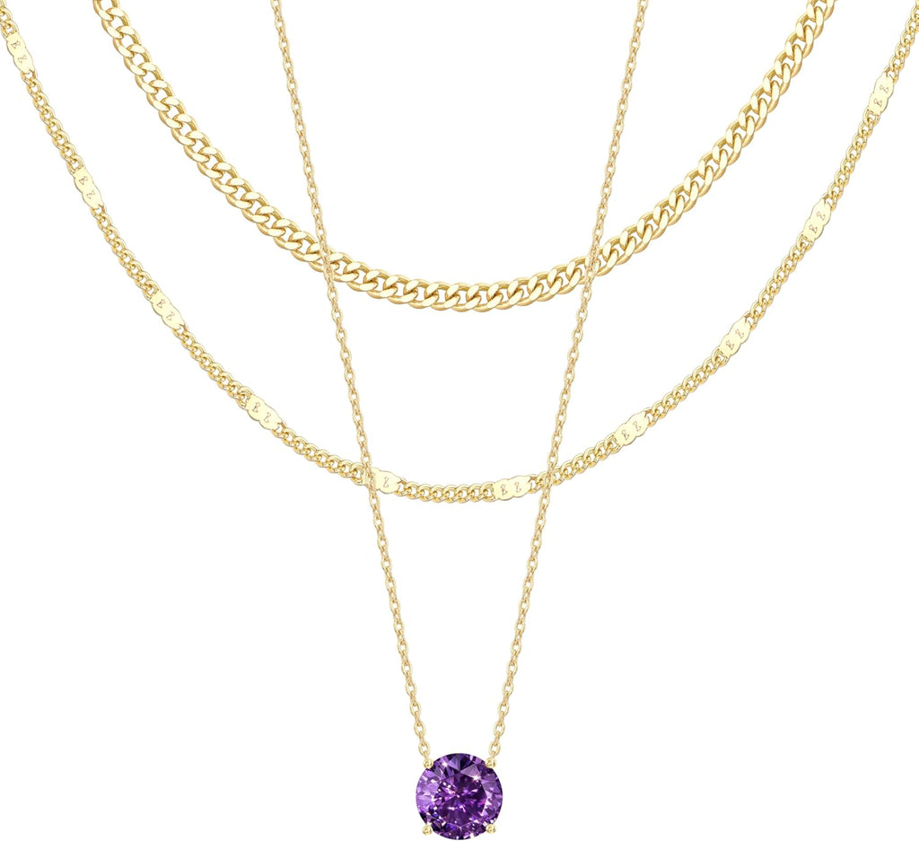 WomenGifts Layered Gold Necklaces for Women, 14K Gold Sterling Silver Plated Dainty Pendant Necklace Set Non Tarnish, Chunky Stackable Cuban Chain Choker, Trendy Birthstone Vacation Jewelry Gift