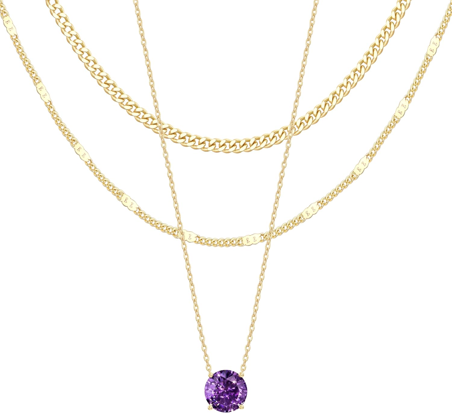 WomenGifts Layered Gold Necklaces for Women, 14K Gold Sterling Silver Plated Dainty Pendant Necklace Set Non Tarnish, Chunky Stackable Cuban Chain Choker, Trendy Birthstone Vacation Jewelry Gift