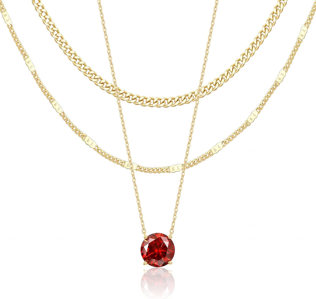 WomenGifts Layered Gold Necklaces for Women, 14K Gold Sterling Silver Plated Dainty Pendant Necklace Set Non Tarnish, Chunky Stackable Cuban Chain Choker, Trendy Birthstone Vacation Jewelry Gift