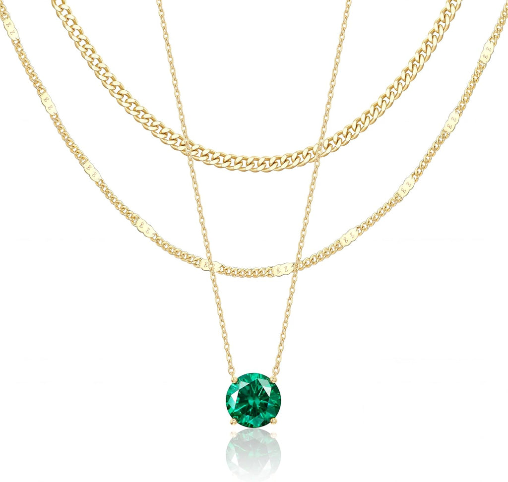 WomenGifts Layered Gold Necklaces for Women, 14K Gold Sterling Silver Plated Dainty Pendant Necklace Set Non Tarnish, Chunky Stackable Cuban Chain Choker, Trendy Birthstone Vacation Jewelry Gift