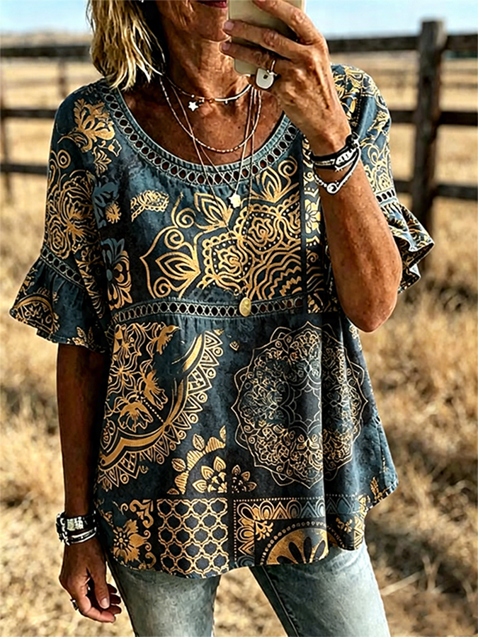 Women's Paisley Print Lace Trim Ruffle Short Sleeve Western Blouse