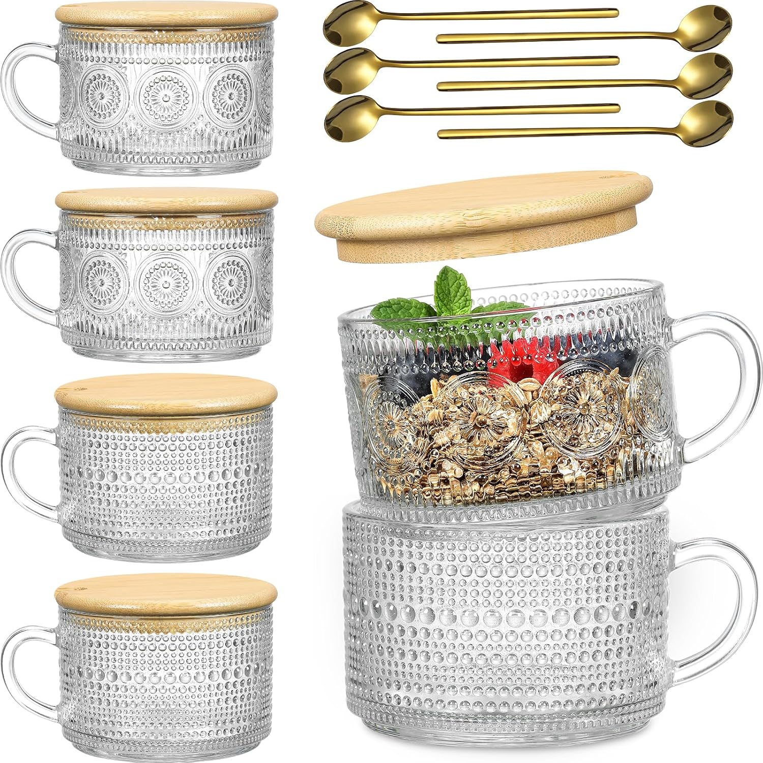 LANDNEOO 4pcs Set Vintage Coffee Mugs gifts for women, Overnight Oats Containers with Bamboo Lids and Spoons - 14oz Clear Embossed Glass Cups, Cute Coffee Bar Accessories, Iced Coffee Glasses