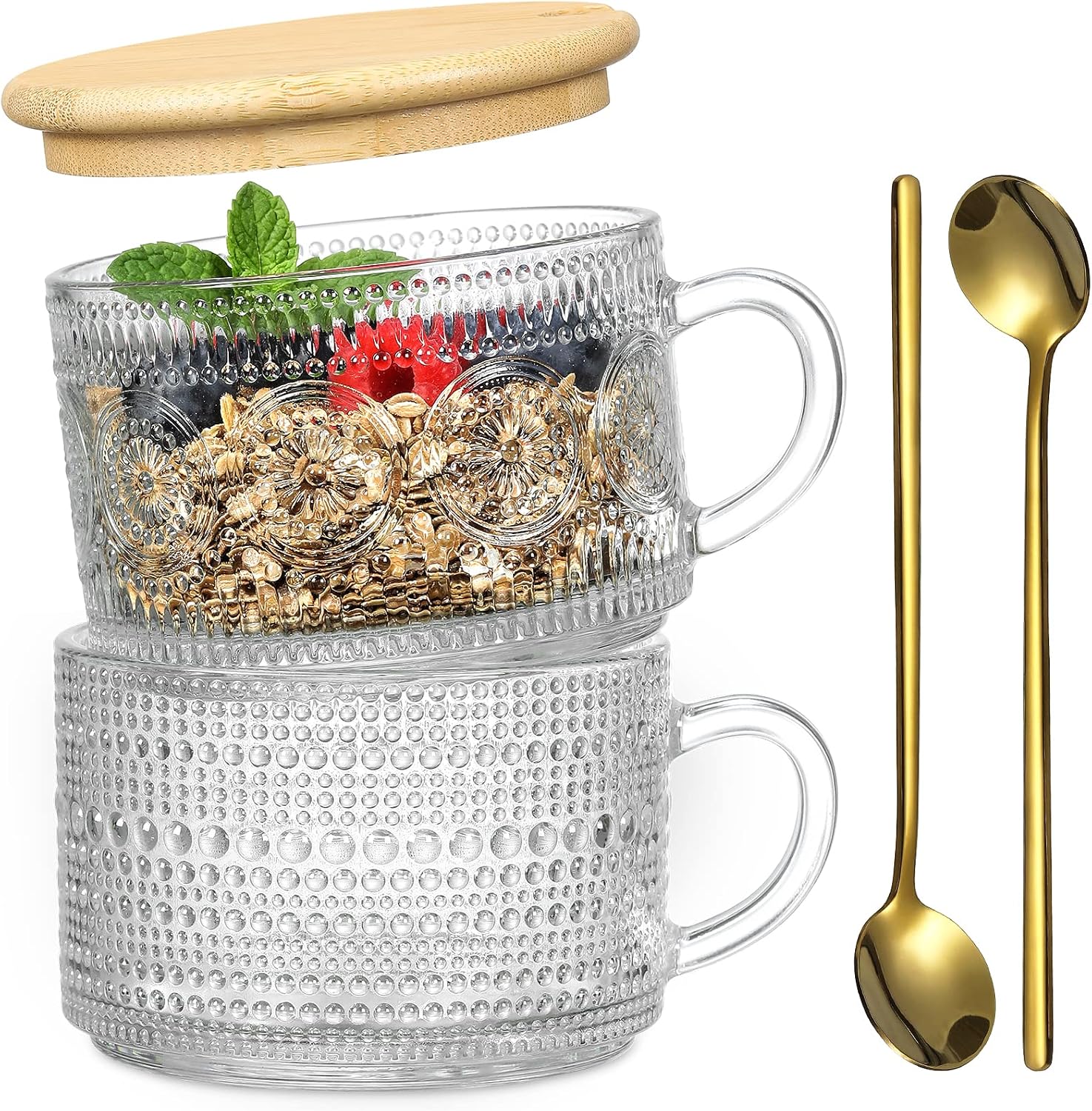 LANDNEOO 4pcs Set Vintage Coffee Mugs gifts for women, Overnight Oats Containers with Bamboo Lids and Spoons - 14oz Clear Embossed Glass Cups, Cute Coffee Bar Accessories, Iced Coffee Glasses