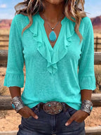Women's Casual V-Neck Ruffled Cotton-Linen Top