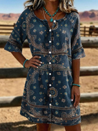 Vintage Floral Print Casual Hollow-Out Denim Dress