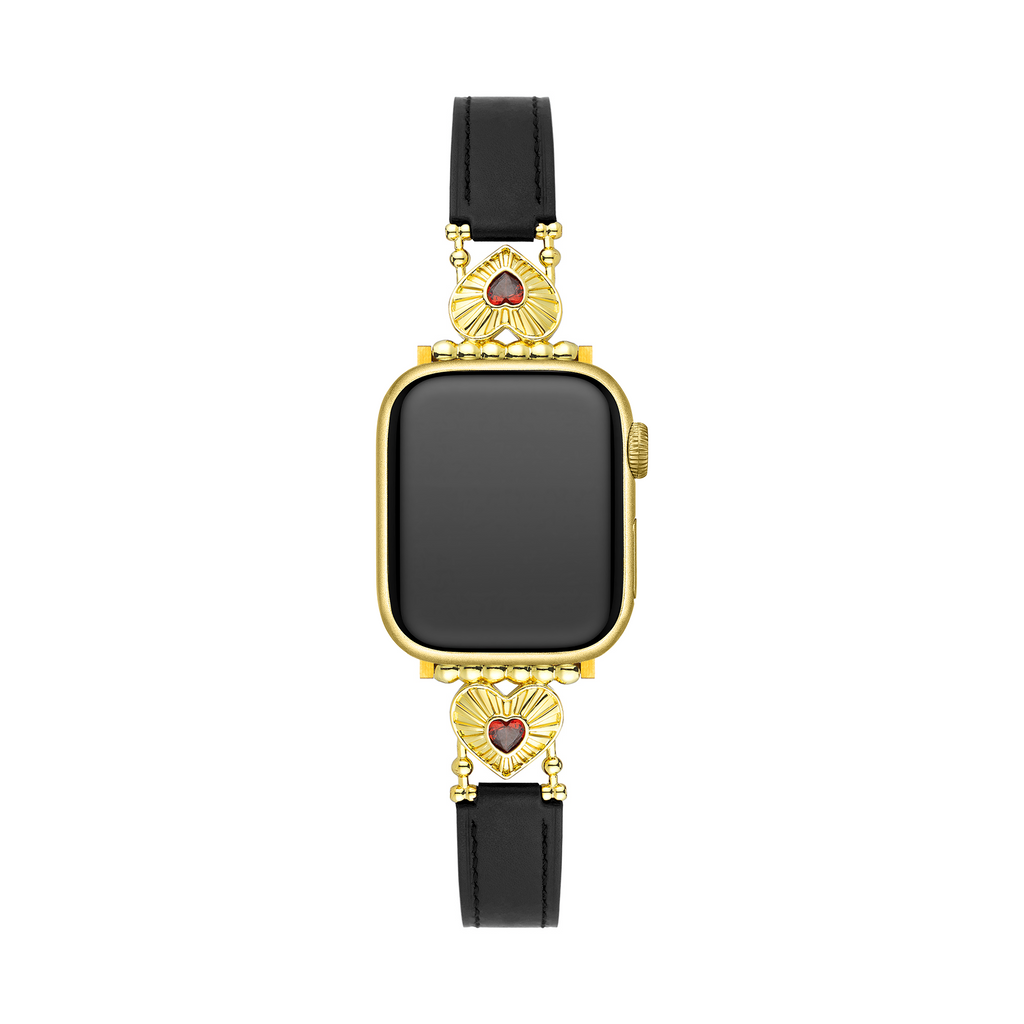 14k Gold / Platinum Plated Heart Adorned Leather Watch Band