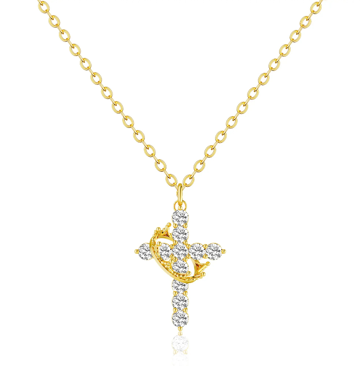 Simple Crown & Cross Pendant Choker Necklace