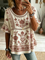 Women's Vintage Floral Print Trim Ruffle Sleeve Peasant Blouse