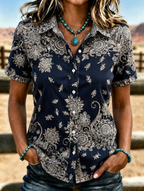 Women's Western Vintage Ethnic Floral Print Lapel Short Sleeve Button Down Shirt