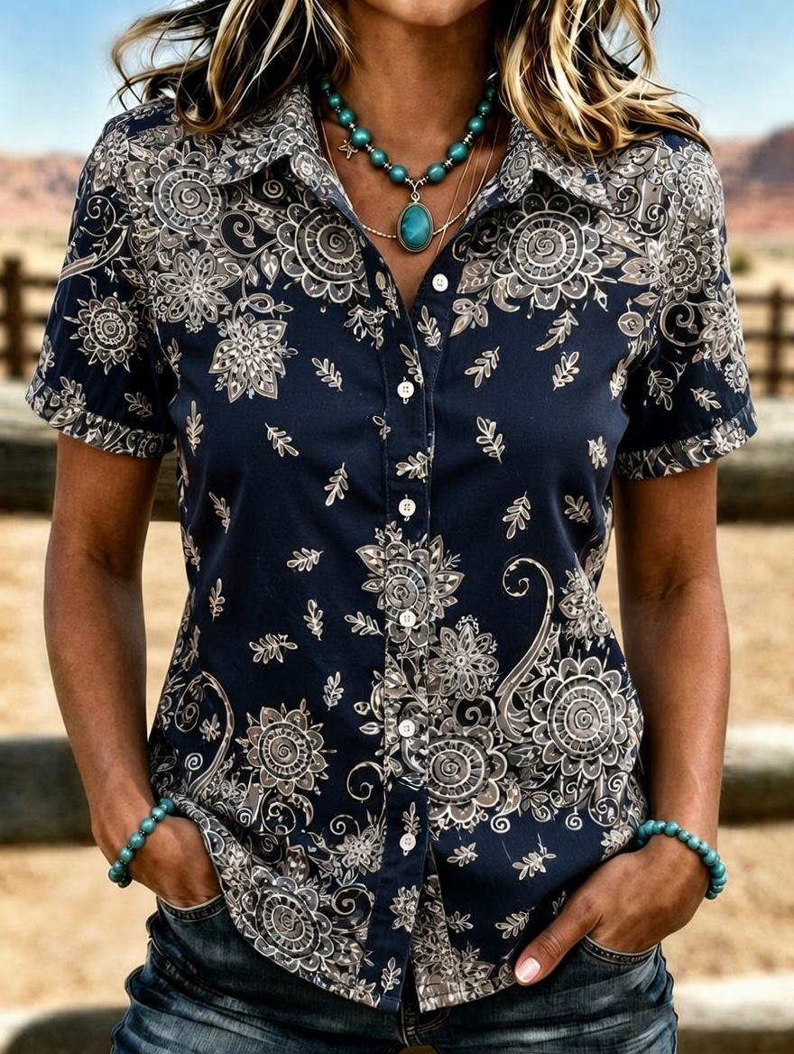 Women's Western Vintage Ethnic Floral Print Lapel Short Sleeve Button Down Shirt