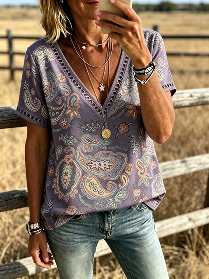 Women's Boho Paisley Print V Neck Trim Short Sleeve Western Blouse