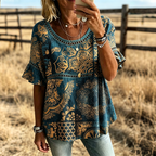 Women's Paisley Print Lace Trim Ruffle Short Sleeve Western Blouse