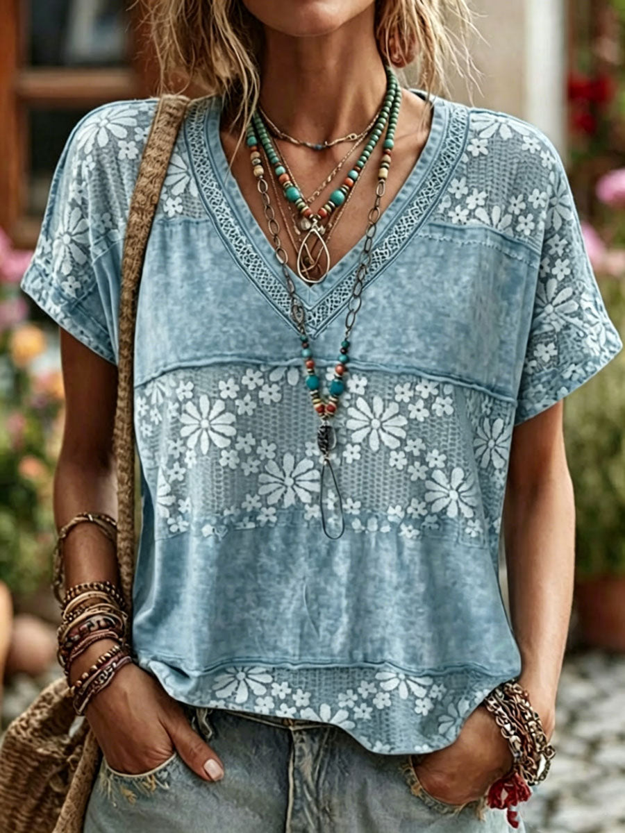 Women'S Casual Short-Sleeve  Floral  Print Cotton-Linen Top