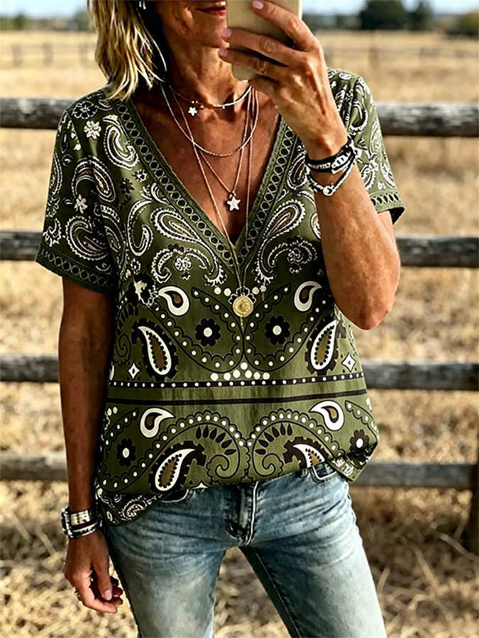 Women's Paisley Print V Neck Trim Short Sleeve Boho Western Shirt