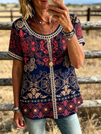 Mandala Print Trim Short Sleeve Western Casual Blouse