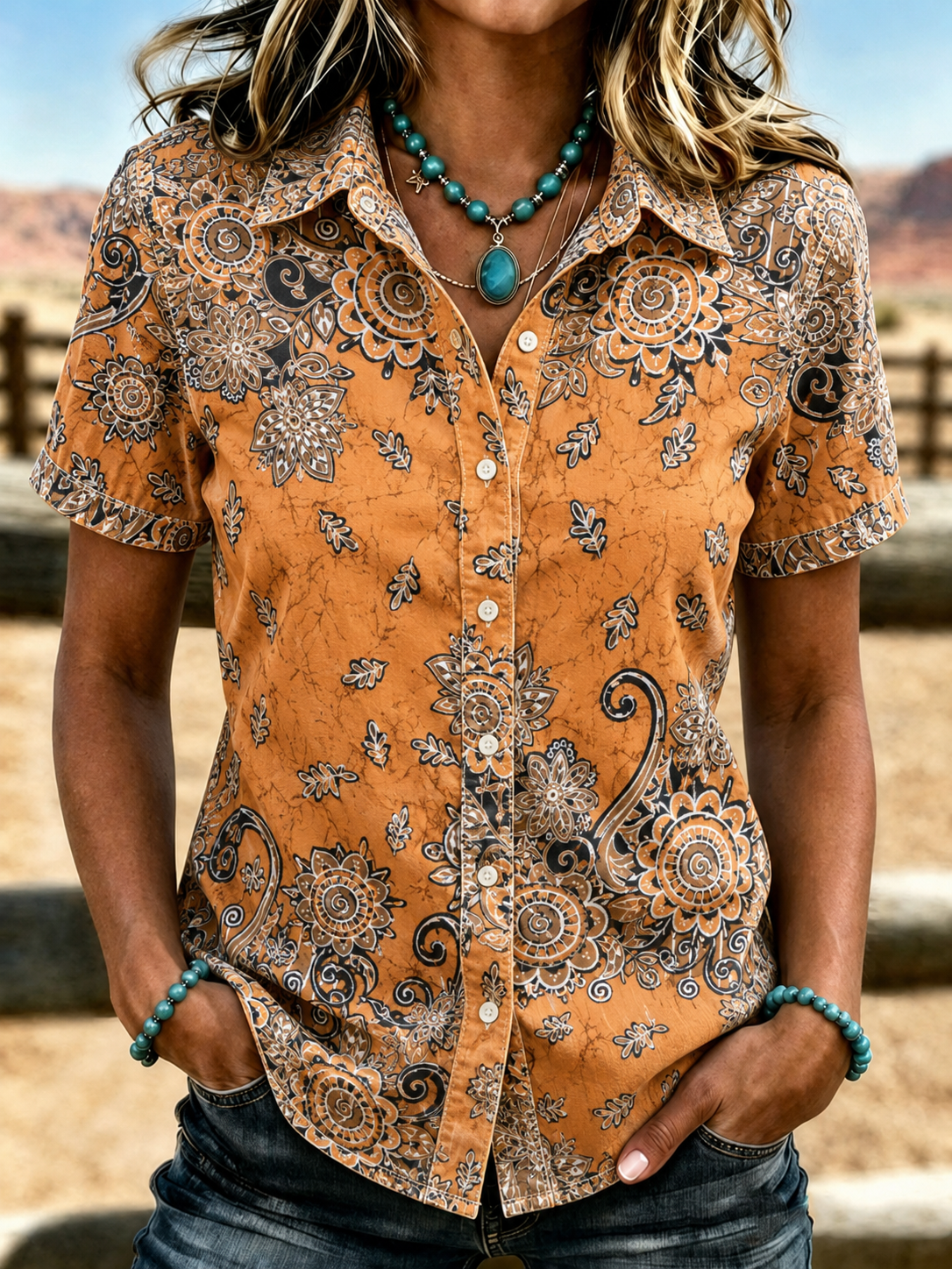 Women's Western Vintage Ethnic Floral Print Lapel Short Sleeve Button Down Shirt