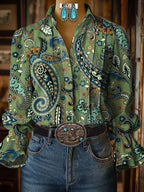 Women's Casual Western Puff Sleeve Patterned Shirt