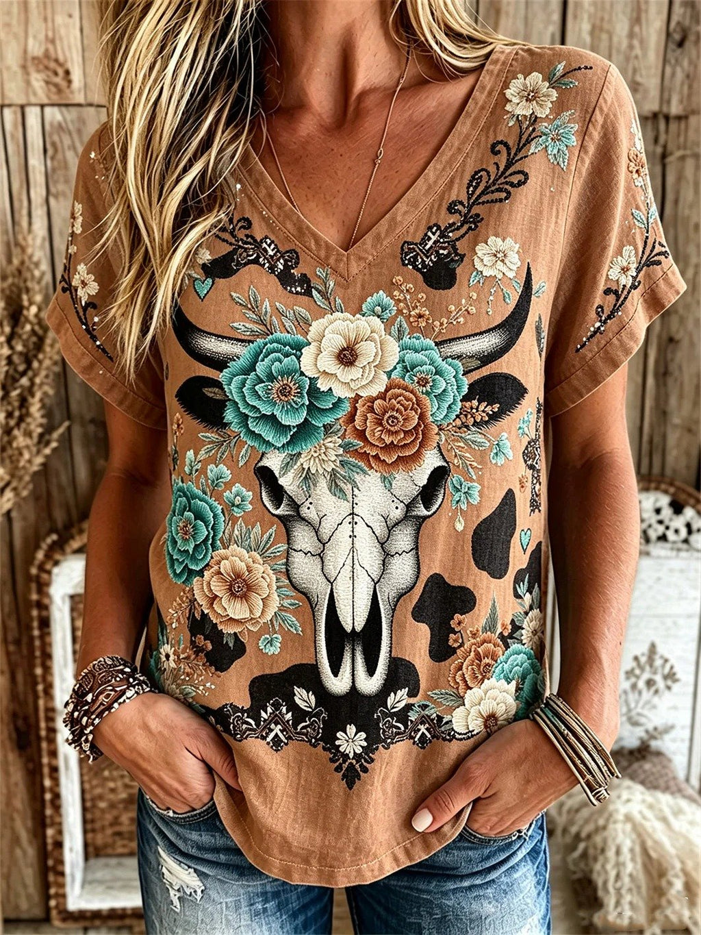 Women's Western Floral and Cow Skull Print Short-Sleeve Top