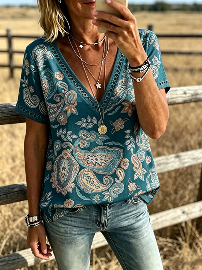 Women's Boho Paisley Print V Neck Trim Short Sleeve Western Blouse