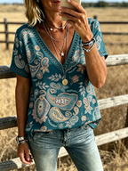 Women's Boho Paisley Print V Neck Trim Short Sleeve Western Blouse