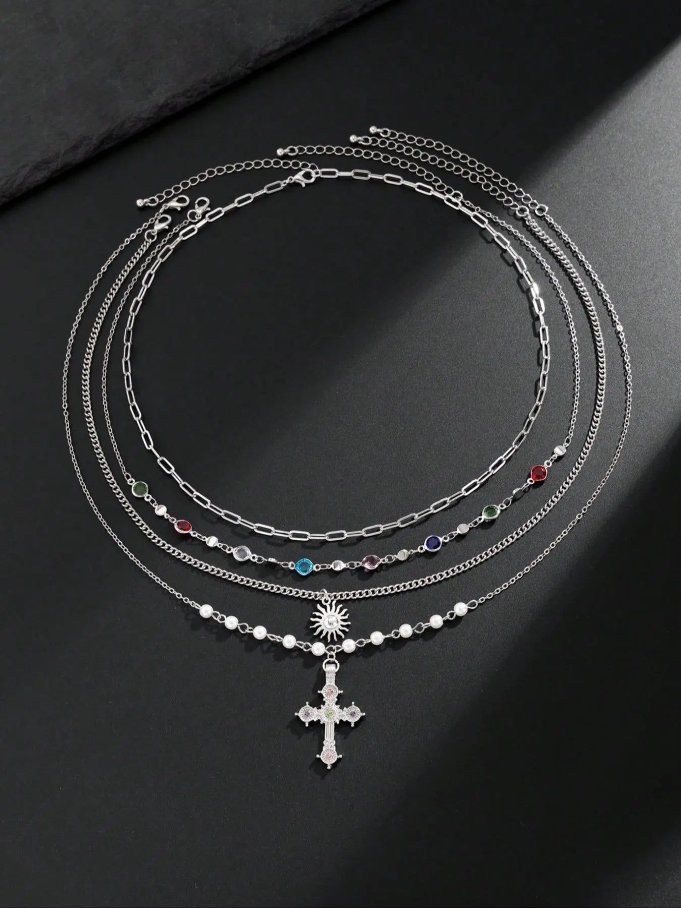 4 Piece Vintage Multi-Color Rhinestone Cross Necklace Set