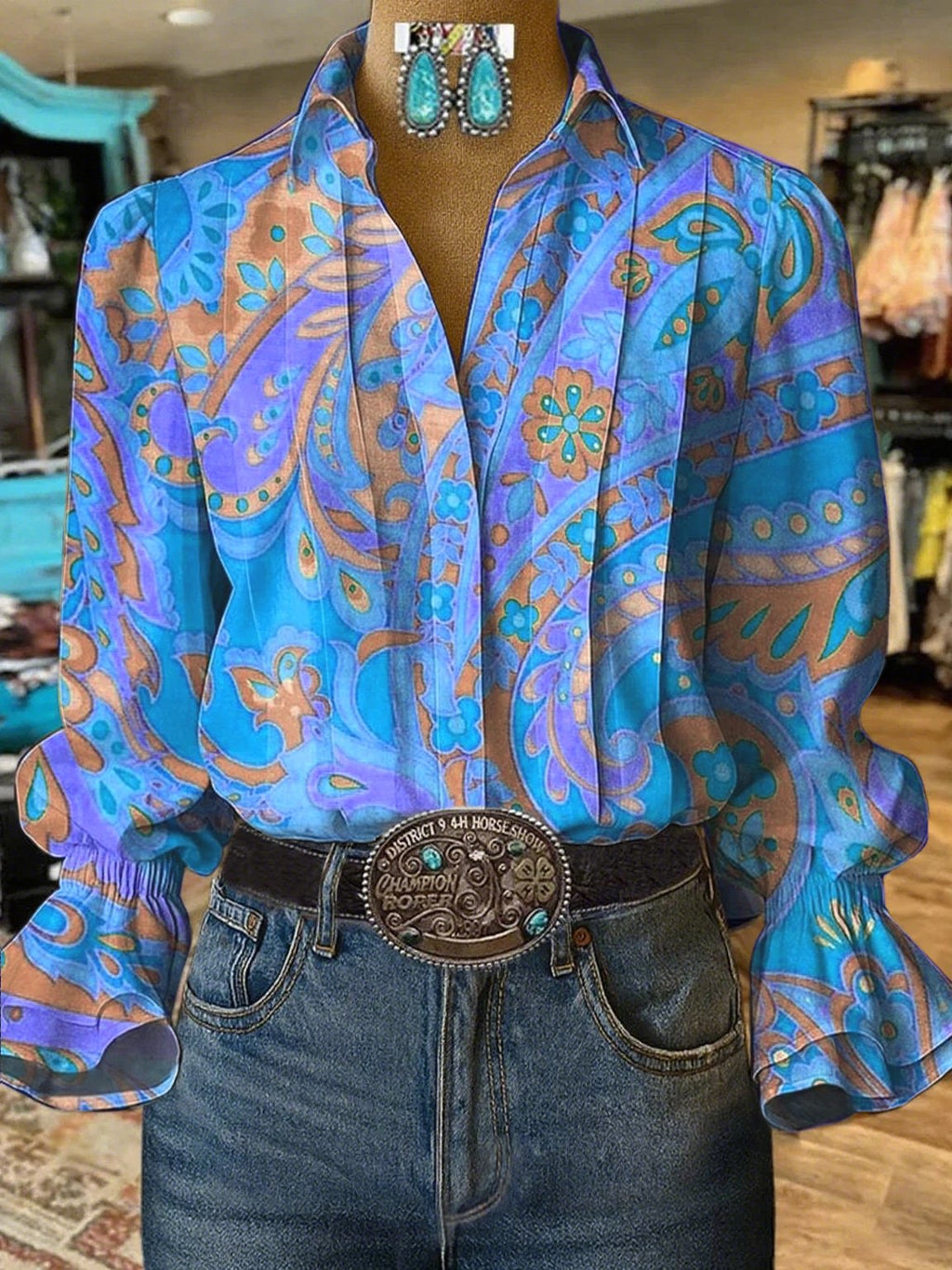 Women's Casual Western Puff Sleeve Patterned Shirt