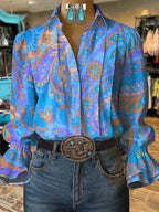 Women's Casual Western Puff Sleeve Patterned Shirt