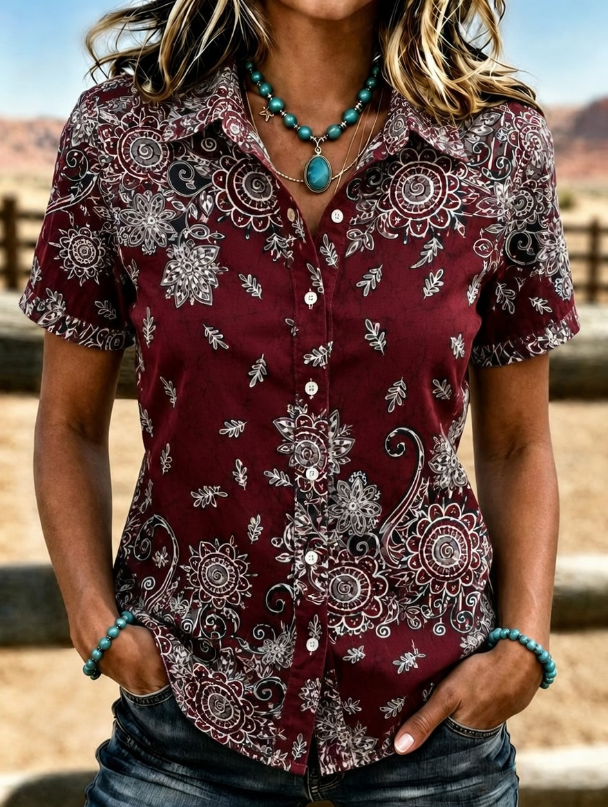 Women's Western Vintage Ethnic Floral Print Lapel Short Sleeve Button Down Shirt