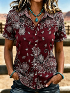 Women's Western Vintage Ethnic Floral Print Lapel Short Sleeve Button Down Shirt