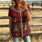 Mandala Print Trim Short Sleeve Western Casual Blouse