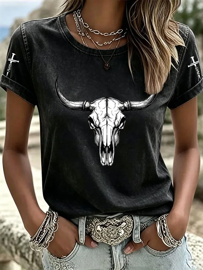 Women'S Western Horse Art Faith Gradient Printed Round Neck T-Shirt
