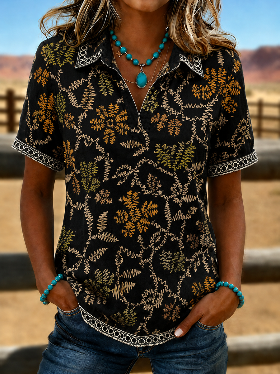 Women'S Geometric Ethnic Print Border V-Neck Western Style Short Sleeved Casual Top