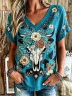Women's Western Floral and Cow Skull Print Short-Sleeve Top