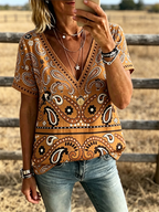 Women's Paisley Print V Neck Trim Short Sleeve Boho Western Shirt