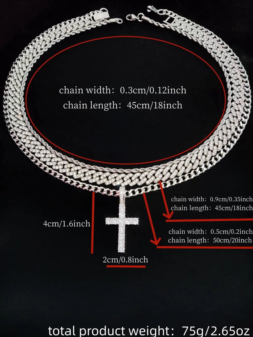 Zircon Inlaid Cross Pendant & Cuban Chain Necklace