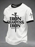 Men's Iron Sharpens Iron Proverbs 27:17 Christian Cross Print Casual Tee
