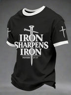 Men's Iron Sharpens Iron Proverbs 27:17 Christian Cross Print Casual Tee
